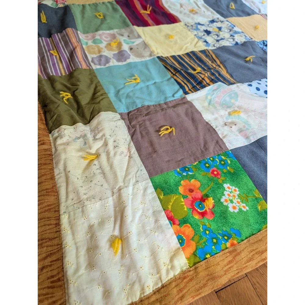 Vintage Handmade Tied Patchwork Quilt Multi Color Floral Stripe Cotton 60x74
